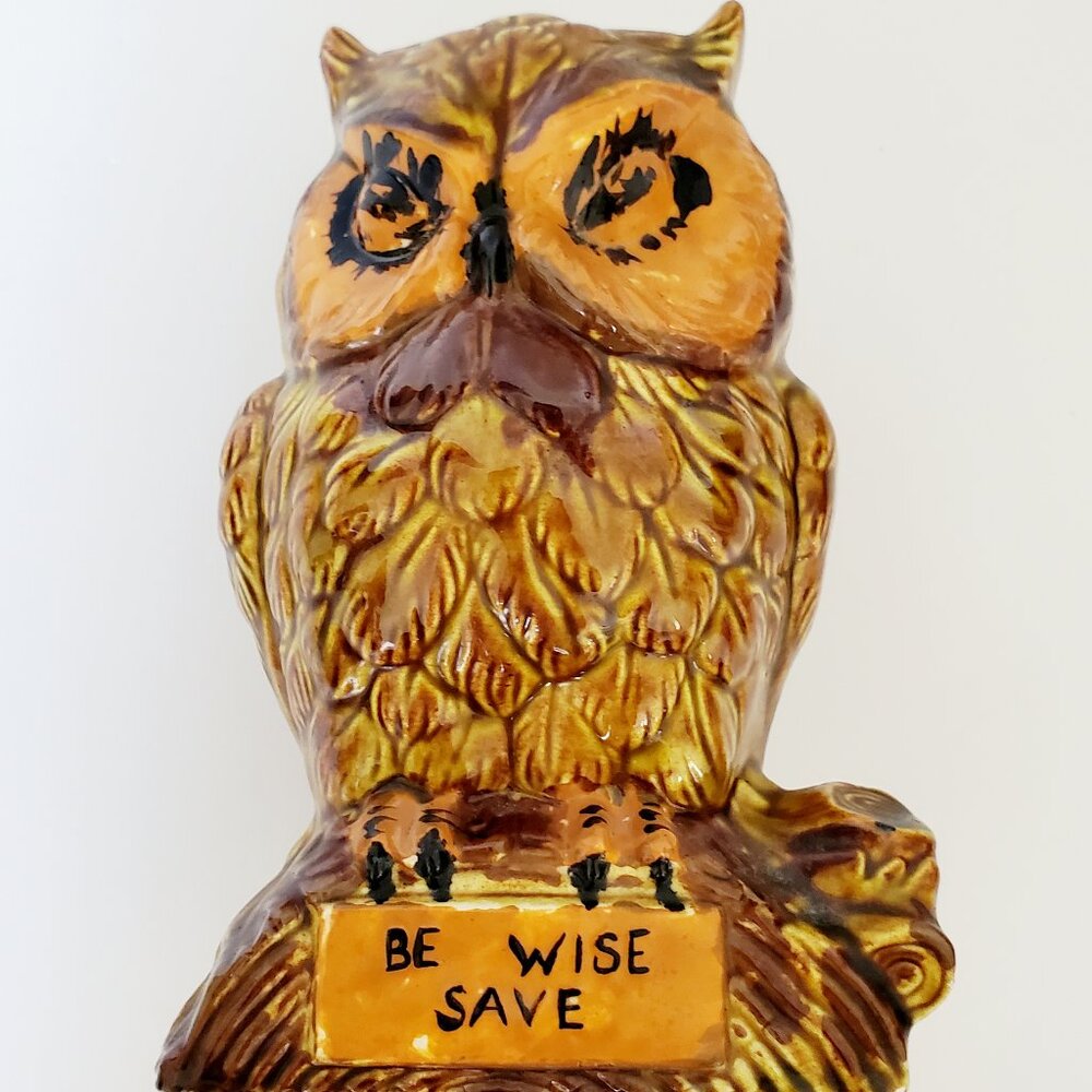 Handmade OWL Piggy Bank Scripted BE WISE SAVE Painted & Glossy Glazed Chalkware